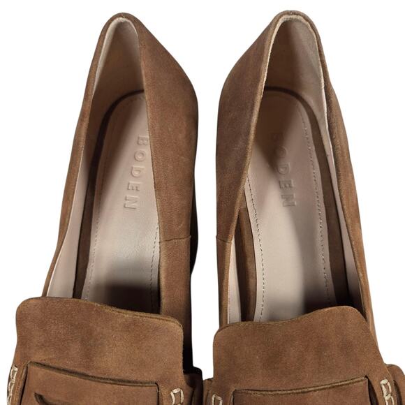 Boden Brown Suede Kiltie Tassel Loafers Womens 39 8.5 Block Heel British Preppy - Picture 8 of 11
